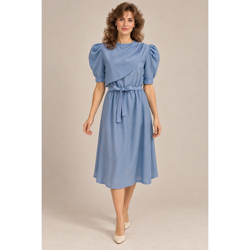 Lucky Barbara Vintage Blue Draped Puff Sleeve Midi Dress Size 14 Womens Neck Tie